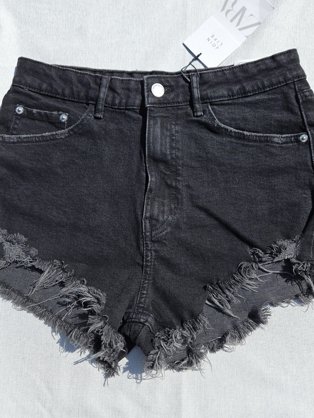 Zara NWT Black High Waisted Cut Off Jean Shorts Size 8 - Picture 3 of 13
